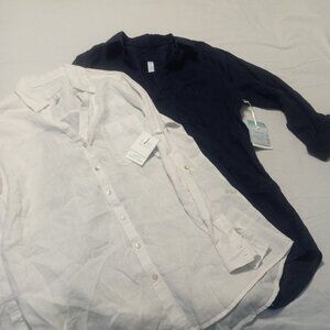 Sigrid Olsen Midnight Blue Button Down Long Sleeve 100% Linen Blouse Small.